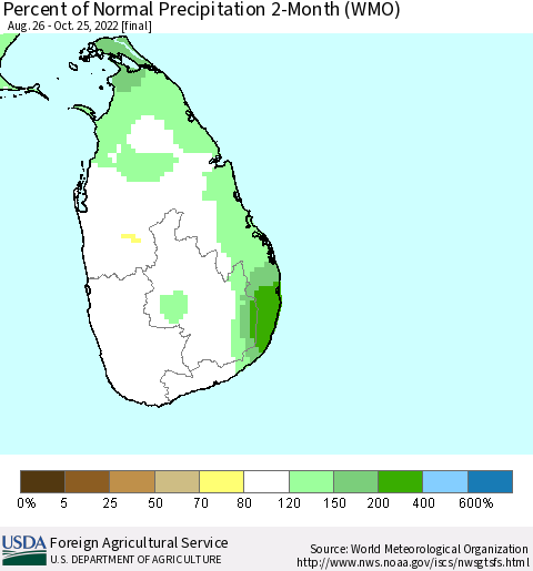 Sri Lanka Percent of Normal Precipitation 2-Month (WMO) Thematic Map For 8/26/2022 - 10/25/2022