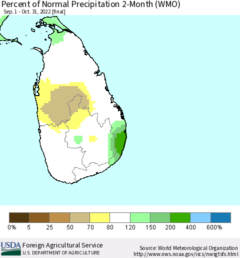 Sri Lanka Percent of Normal Precipitation 2-Month (WMO) Thematic Map For 9/1/2022 - 10/31/2022