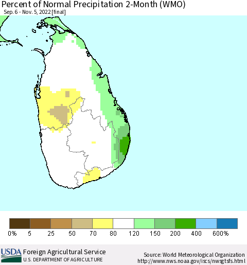 Sri Lanka Percent of Normal Precipitation 2-Month (WMO) Thematic Map For 9/6/2022 - 11/5/2022