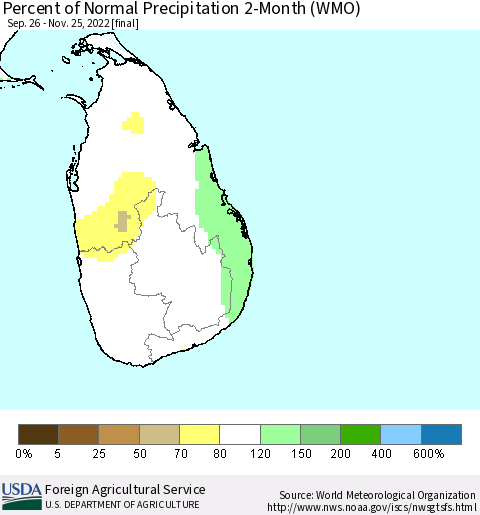 Sri Lanka Percent of Normal Precipitation 2-Month (WMO) Thematic Map For 9/26/2022 - 11/25/2022