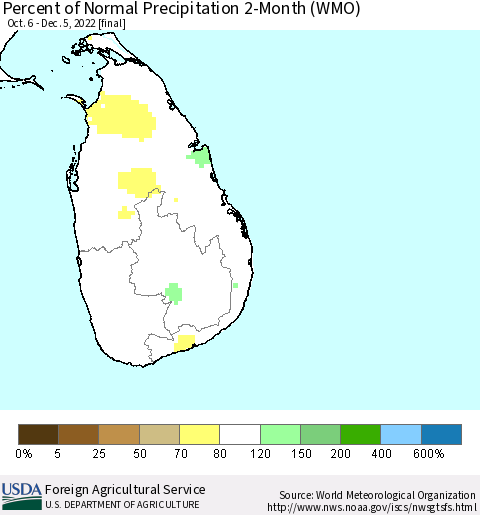 Sri Lanka Percent of Normal Precipitation 2-Month (WMO) Thematic Map For 10/6/2022 - 12/5/2022