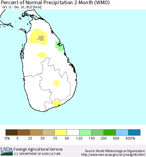 Sri Lanka Percent of Normal Precipitation 2-Month (WMO) Thematic Map For 10/11/2022 - 12/10/2022