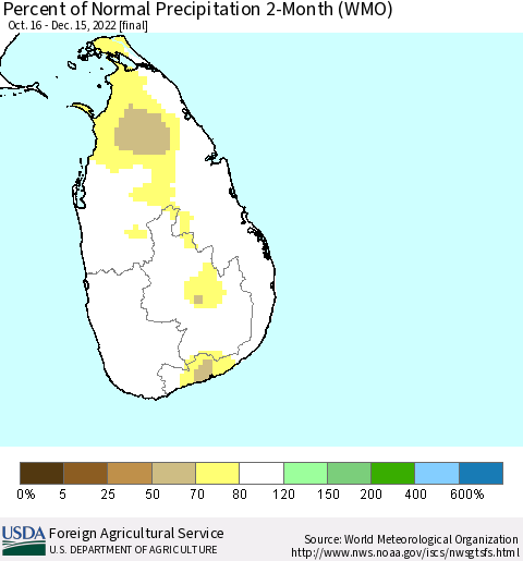 Sri Lanka Percent of Normal Precipitation 2-Month (WMO) Thematic Map For 10/16/2022 - 12/15/2022