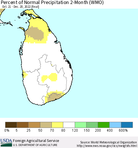 Sri Lanka Percent of Normal Precipitation 2-Month (WMO) Thematic Map For 10/21/2022 - 12/20/2022