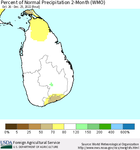 Sri Lanka Percent of Normal Precipitation 2-Month (WMO) Thematic Map For 10/26/2022 - 12/25/2022
