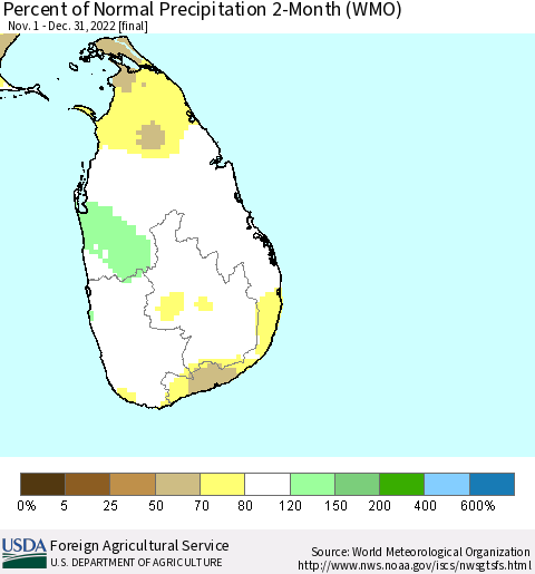 Sri Lanka Percent of Normal Precipitation 2-Month (WMO) Thematic Map For 11/1/2022 - 12/31/2022