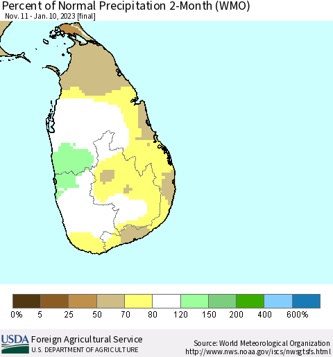 Sri Lanka Percent of Normal Precipitation 2-Month (WMO) Thematic Map For 11/11/2022 - 1/10/2023