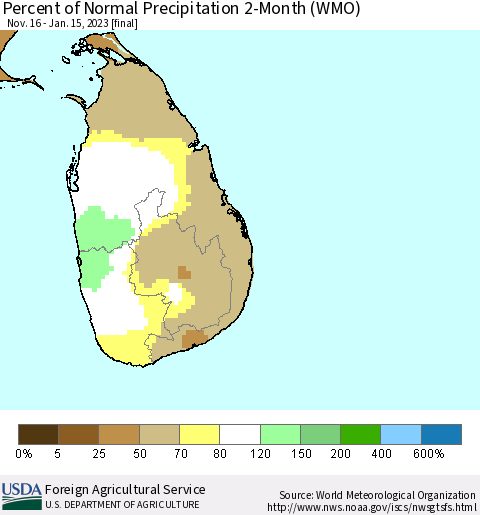 Sri Lanka Percent of Normal Precipitation 2-Month (WMO) Thematic Map For 11/16/2022 - 1/15/2023