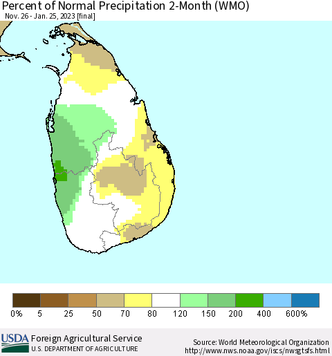 Sri Lanka Percent of Normal Precipitation 2-Month (WMO) Thematic Map For 11/26/2022 - 1/25/2023