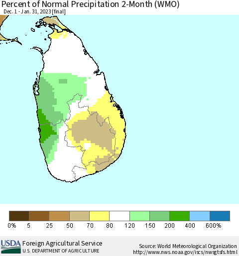 Sri Lanka Percent of Normal Precipitation 2-Month (WMO) Thematic Map For 12/1/2022 - 1/31/2023