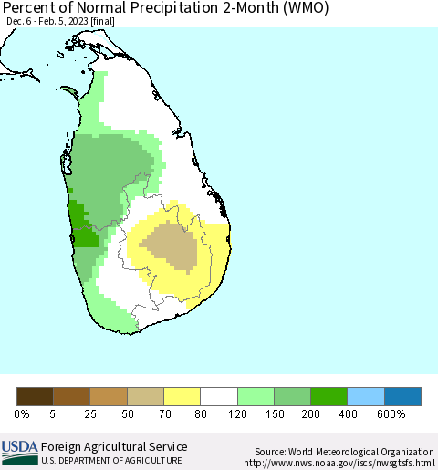 Sri Lanka Percent of Normal Precipitation 2-Month (WMO) Thematic Map For 12/6/2022 - 2/5/2023