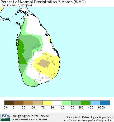 Sri Lanka Percent of Normal Precipitation 2-Month (WMO) Thematic Map For 12/11/2022 - 2/10/2023
