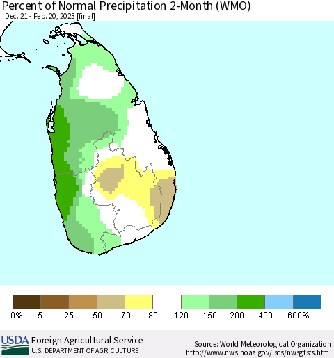 Sri Lanka Percent of Normal Precipitation 2-Month (WMO) Thematic Map For 12/21/2022 - 2/20/2023