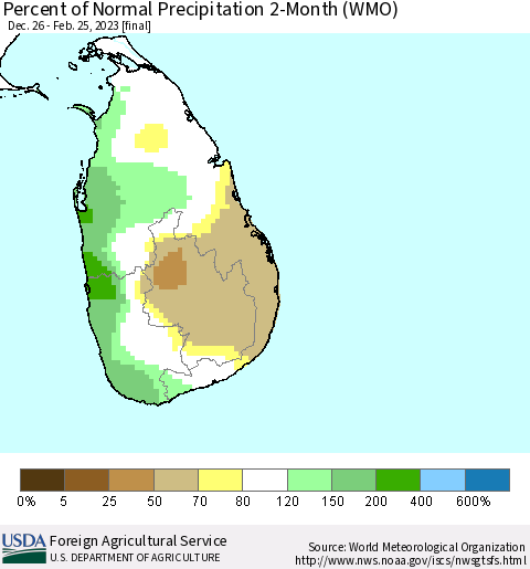 Sri Lanka Percent of Normal Precipitation 2-Month (WMO) Thematic Map For 12/26/2022 - 2/25/2023