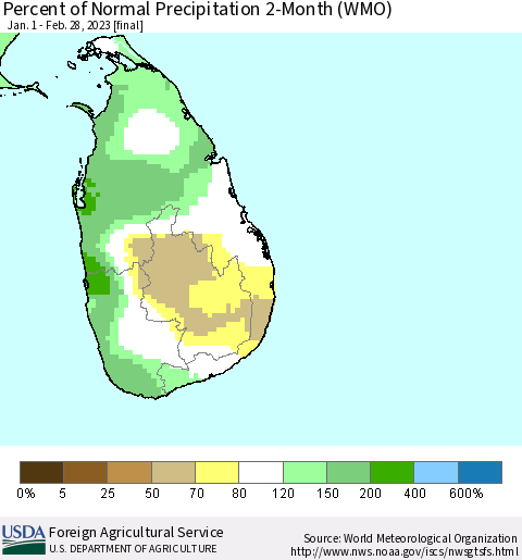 Sri Lanka Percent of Normal Precipitation 2-Month (WMO) Thematic Map For 1/1/2023 - 2/28/2023