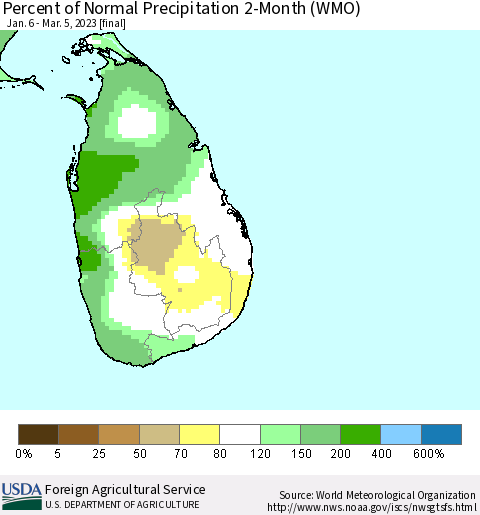 Sri Lanka Percent of Normal Precipitation 2-Month (WMO) Thematic Map For 1/6/2023 - 3/5/2023