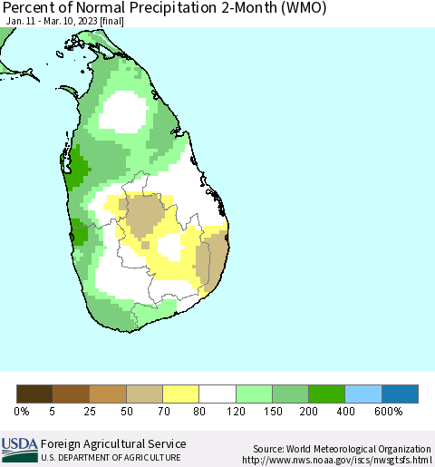 Sri Lanka Percent of Normal Precipitation 2-Month (WMO) Thematic Map For 1/11/2023 - 3/10/2023