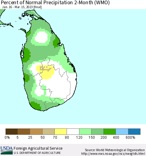 Sri Lanka Percent of Normal Precipitation 2-Month (WMO) Thematic Map For 1/16/2023 - 3/15/2023