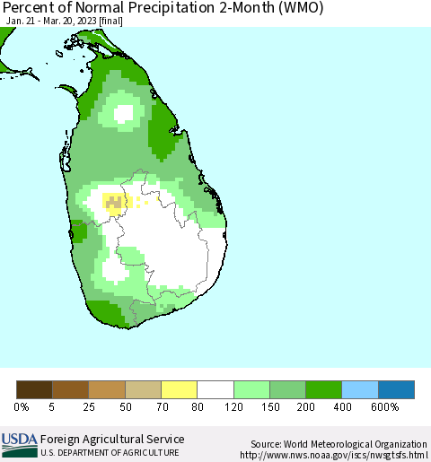 Sri Lanka Percent of Normal Precipitation 2-Month (WMO) Thematic Map For 1/21/2023 - 3/20/2023