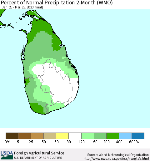 Sri Lanka Percent of Normal Precipitation 2-Month (WMO) Thematic Map For 1/26/2023 - 3/25/2023