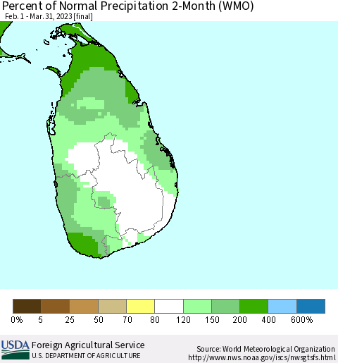 Sri Lanka Percent of Normal Precipitation 2-Month (WMO) Thematic Map For 2/1/2023 - 3/31/2023