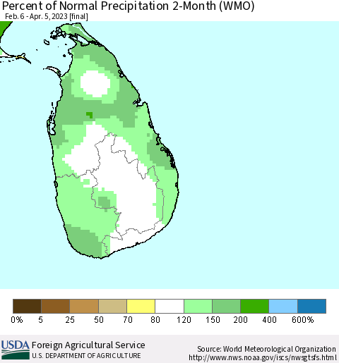 Sri Lanka Percent of Normal Precipitation 2-Month (WMO) Thematic Map For 2/6/2023 - 4/5/2023