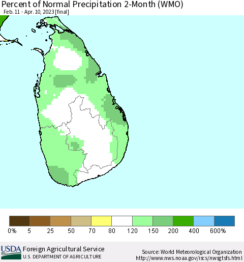 Sri Lanka Percent of Normal Precipitation 2-Month (WMO) Thematic Map For 2/11/2023 - 4/10/2023
