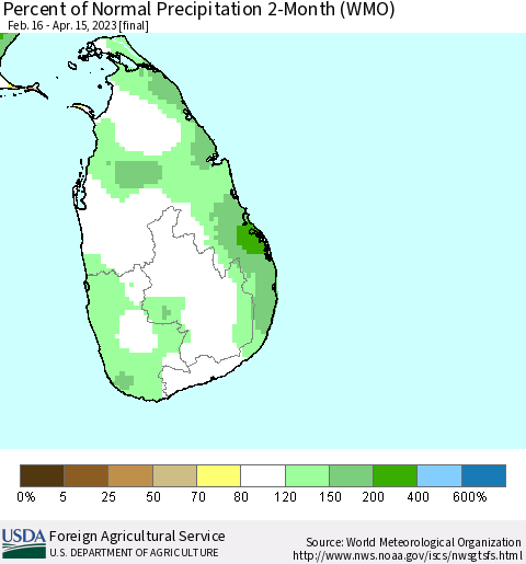 Sri Lanka Percent of Normal Precipitation 2-Month (WMO) Thematic Map For 2/16/2023 - 4/15/2023