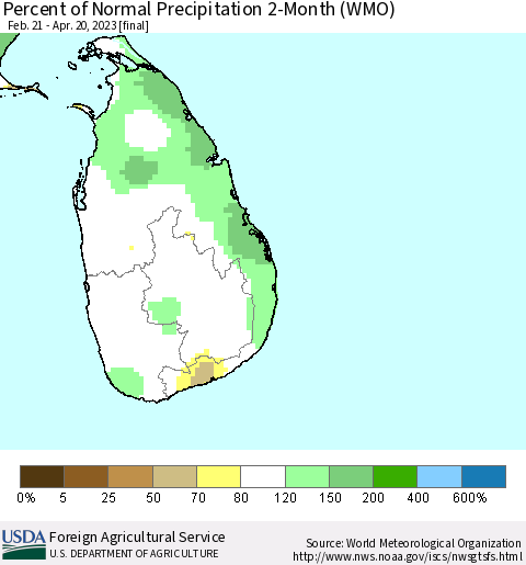 Sri Lanka Percent of Normal Precipitation 2-Month (WMO) Thematic Map For 2/21/2023 - 4/20/2023