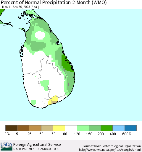 Sri Lanka Percent of Normal Precipitation 2-Month (WMO) Thematic Map For 3/1/2023 - 4/30/2023