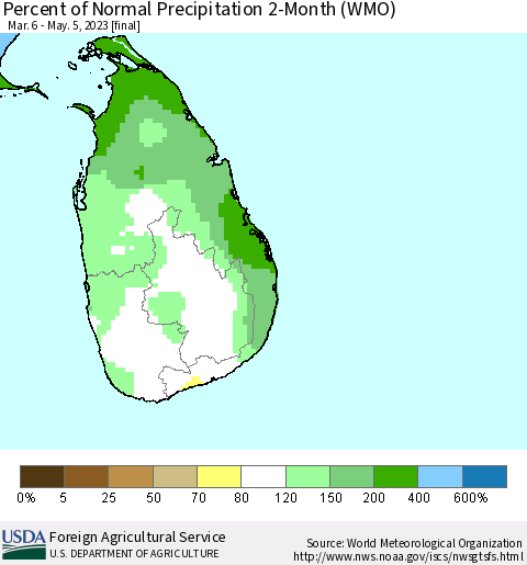 Sri Lanka Percent of Normal Precipitation 2-Month (WMO) Thematic Map For 3/6/2023 - 5/5/2023