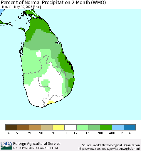 Sri Lanka Percent of Normal Precipitation 2-Month (WMO) Thematic Map For 3/11/2023 - 5/10/2023