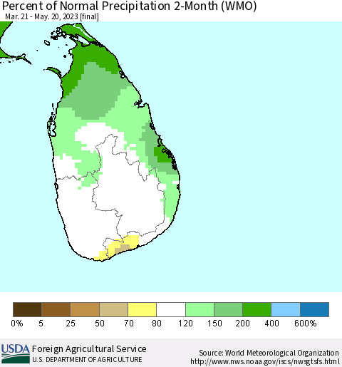 Sri Lanka Percent of Normal Precipitation 2-Month (WMO) Thematic Map For 3/21/2023 - 5/20/2023