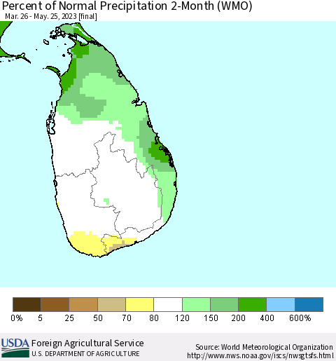 Sri Lanka Percent of Normal Precipitation 2-Month (WMO) Thematic Map For 3/26/2023 - 5/25/2023