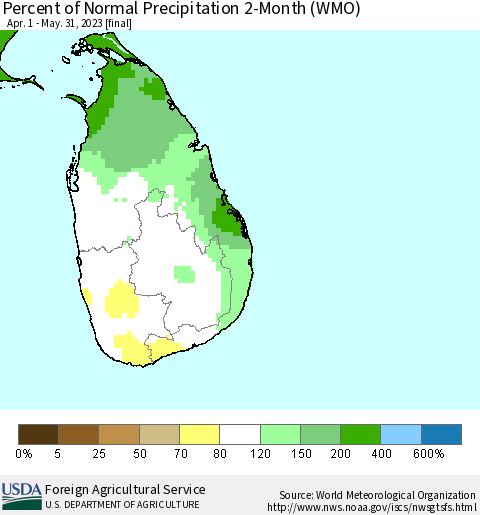 Sri Lanka Percent of Normal Precipitation 2-Month (WMO) Thematic Map For 4/1/2023 - 5/31/2023