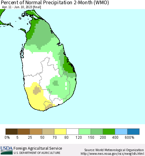 Sri Lanka Percent of Normal Precipitation 2-Month (WMO) Thematic Map For 4/11/2023 - 6/10/2023