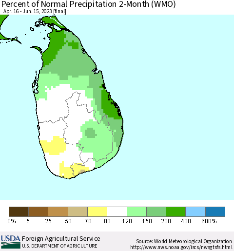 Sri Lanka Percent of Normal Precipitation 2-Month (WMO) Thematic Map For 4/16/2023 - 6/15/2023