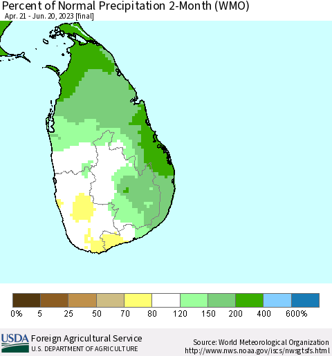 Sri Lanka Percent of Normal Precipitation 2-Month (WMO) Thematic Map For 4/21/2023 - 6/20/2023