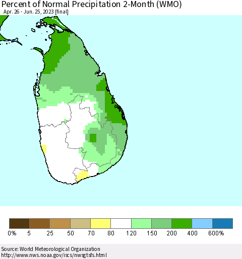 Sri Lanka Percent of Normal Precipitation 2-Month (WMO) Thematic Map For 4/26/2023 - 6/25/2023