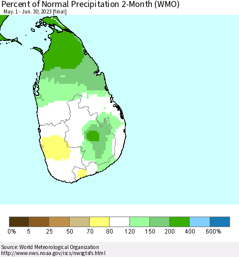 Sri Lanka Percent of Normal Precipitation 2-Month (WMO) Thematic Map For 5/1/2023 - 6/30/2023