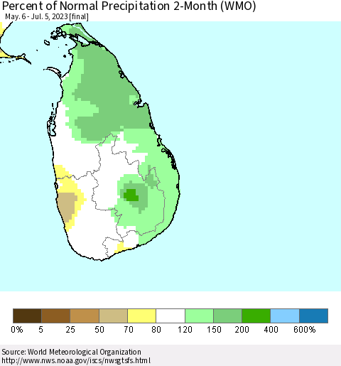Sri Lanka Percent of Normal Precipitation 2-Month (WMO) Thematic Map For 5/6/2023 - 7/5/2023