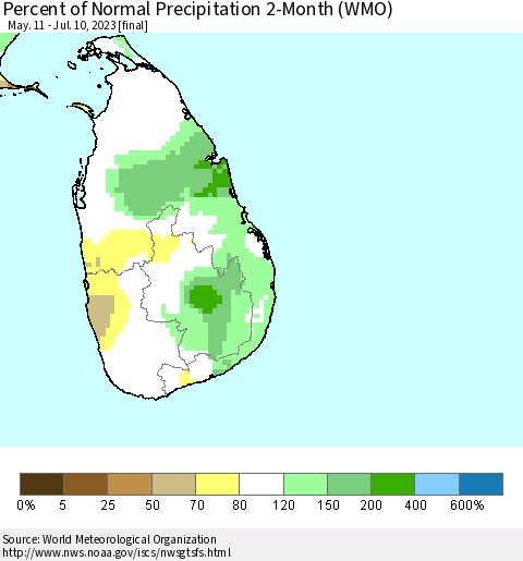 Sri Lanka Percent of Normal Precipitation 2-Month (WMO) Thematic Map For 5/11/2023 - 7/10/2023