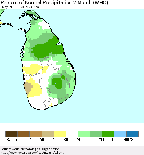 Sri Lanka Percent of Normal Precipitation 2-Month (WMO) Thematic Map For 5/21/2023 - 7/20/2023