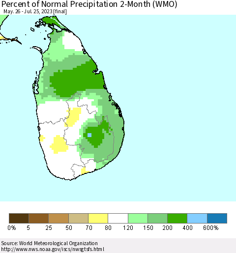 Sri Lanka Percent of Normal Precipitation 2-Month (WMO) Thematic Map For 5/26/2023 - 7/25/2023