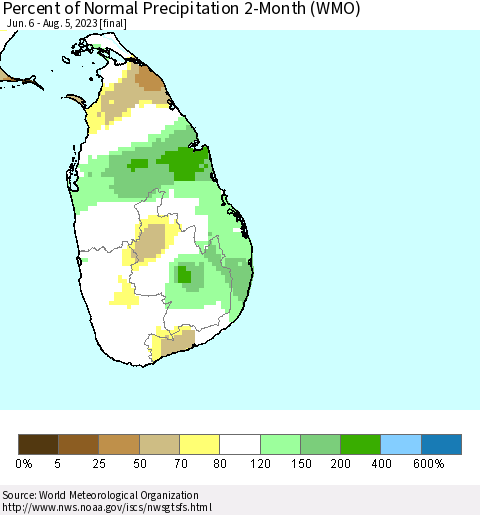 Sri Lanka Percent of Normal Precipitation 2-Month (WMO) Thematic Map For 6/6/2023 - 8/5/2023