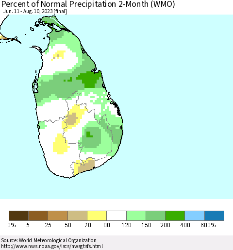 Sri Lanka Percent of Normal Precipitation 2-Month (WMO) Thematic Map For 6/11/2023 - 8/10/2023