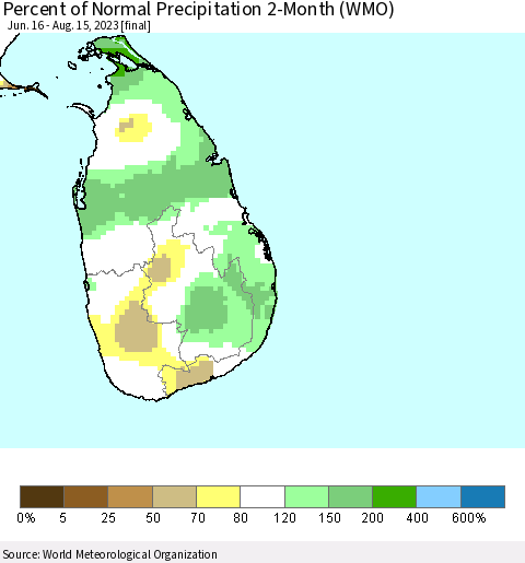 Sri Lanka Percent of Normal Precipitation 2-Month (WMO) Thematic Map For 6/16/2023 - 8/15/2023