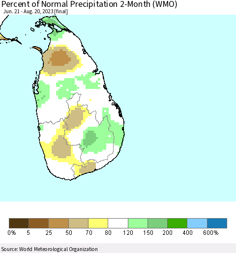 Sri Lanka Percent of Normal Precipitation 2-Month (WMO) Thematic Map For 6/21/2023 - 8/20/2023