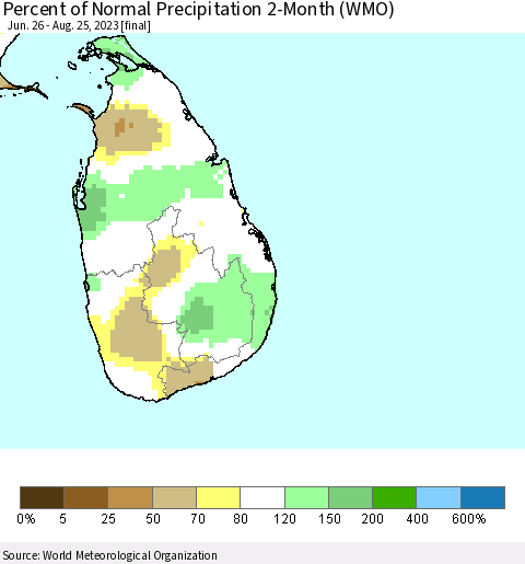 Sri Lanka Percent of Normal Precipitation 2-Month (WMO) Thematic Map For 6/26/2023 - 8/25/2023