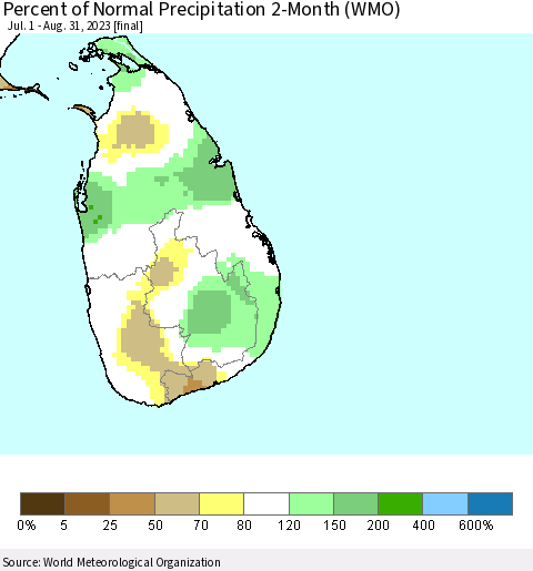 Sri Lanka Percent of Normal Precipitation 2-Month (WMO) Thematic Map For 7/1/2023 - 8/31/2023